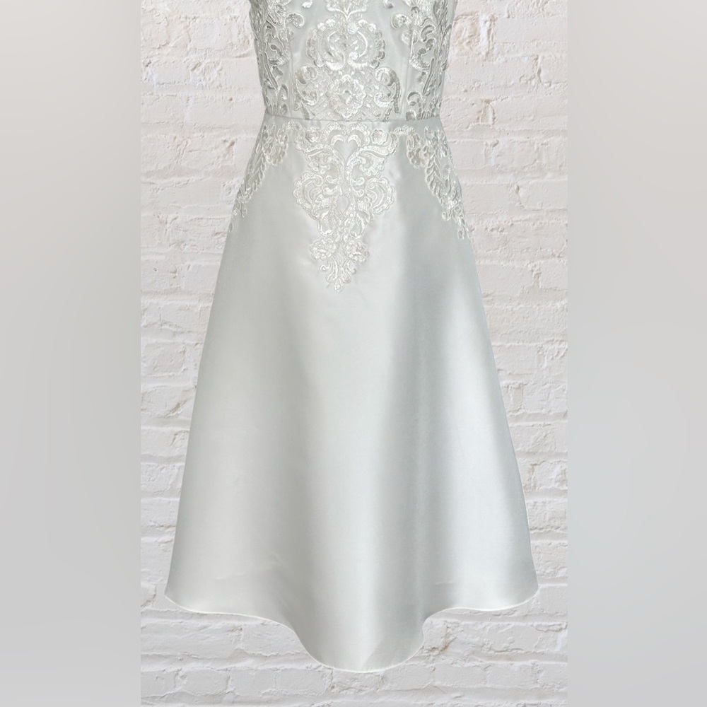 Adrianna Papell White Tea Length Wedding Gown lace applique Bodice Sz (4) 8 - Picture 3 of 8